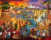 Colorful cross-cultural art blending iconic Sydney landmarks with African village life and safari animals in a whimsical folk-art style.