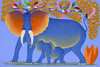 African folk art painting of a blue mother elephant and calf walking together beneath an orange flowering tree with colorful exotic birds, in a vibrant flat-tone style.