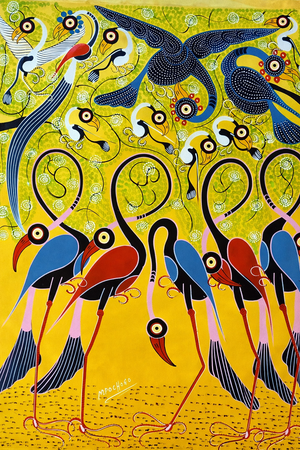 Colorful artwork of stylized birds on a yellow background