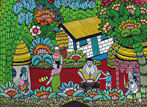 A vibrant Tinga Tinga style folk art painting from Tanzania depicting a bustling village scene. In the center, a woman grinds grain while a child watches, surrounded by figures engaged in daily life: a woman carrying a water vessel, a man resting by a hut, and children peering from colorful dwellings. The composition is densely packed with oversized, stylized tropical flora, including bright blue lilies, yellow bananas, and towering bamboo stalks against a deep red ground and white brick houses.
