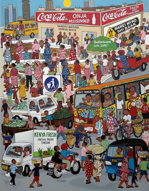 A vibrant, naive-style painting of a busy Nairobi street scene featuring Matatu buses, motorcycles, market vendors, and pedestrians, with the city skyline in the background.