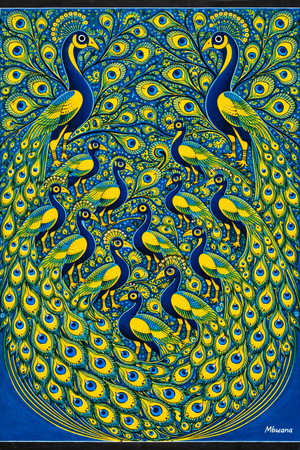 Artistic depiction of peacocks with intricate patterns on a blue background