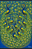 Artistic depiction of peacocks with intricate patterns on a blue background