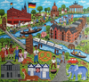 Colorful illustration of a town scene with buildings, people, and animals.