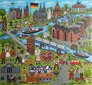 Colorful illustration of a German town with traditional architecture, people in uniforms, and various activities.
