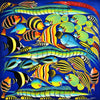Colorful underwater scene with various fish and shrimp on a blue background