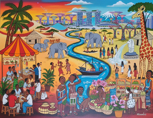 Vibrant folk art painting depicting a whimsical fusion of Singapore and Tanzania. The background features Marina Bay Sands and Supertrees rising from a savannah, while the foreground shows elephants, a giraffe, and the Merlion alongside people enjoying a hawker stall and fruit market by a river.