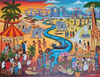Vibrant folk art painting depicting a whimsical fusion of Singapore and Tanzania. The background features Marina Bay Sands and Supertrees rising from a savannah, while the foreground shows elephants, a giraffe, and the Merlion alongside people enjoying a hawker stall and fruit market by a river.