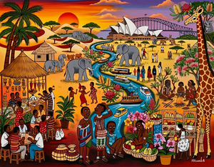 Sydney Opera House and African wildlife fusion painting. Naive style art print showing the Harbour Bridge, elephants, giraffe, and a colorful African village market scene.