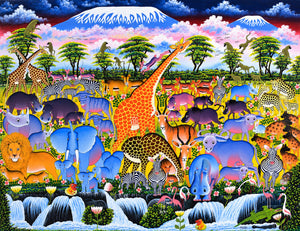 Handmade African painting depicting colorful cartoon wildlife with giraffes, elephants, and zebras in a vibrant savanna.