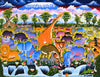 Handmade African painting depicting colorful cartoon wildlife with giraffes, elephants, and zebras in a vibrant savanna.