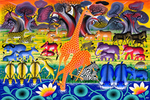 Handmade African painting of vibrant wildlife scene with giraffe, zebras, elephants, and colorful trees.