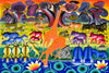 Handmade African painting of vibrant wildlife scene with giraffe, zebras, elephants, and colorful trees.