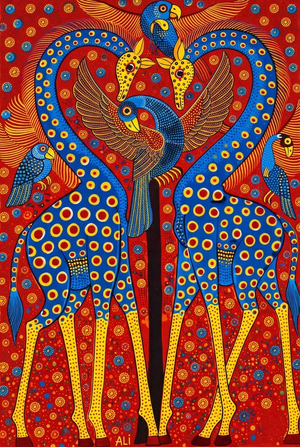 Colorful artwork of two giraffes with abstract patterns on a red background
