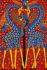Colorful artwork of two giraffes with abstract patterns on a red background