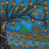 Colorful African painting of peacocks, a snake, and fish under an orange tree with a blue sky.