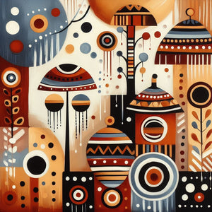 african painting of villages and huts