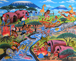 Colorful handmade African painting depicting village life with animals, mountains, and traditional huts, art for sale.