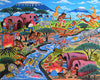 Colorful handmade African painting depicting village life with animals, mountains, and traditional huts, art for sale.