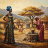 A painting of two African women by a well in an African  village setting with huts and mountains in the background.