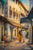 Handcrafted acrylic painting of a peaceful Zanzibar street with Indian Muslim children sitting on stone steps and a family walking through warm, sunlit alleyways, painted in a calm, serene artisan style.