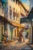 Artisan acrylic on canvas depicting a calm Stone Town Zanzibar alley with children, textured walls, warm light, and vibrant handmade brushwork.