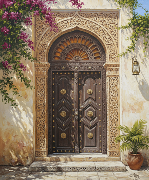 Handmade African painting of an ornate wooden Zanzibar door with intricate carvings and floral accents for sale art.