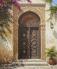 Handmade African painting of an ornate wooden Zanzibar door with intricate carvings and floral accents for sale art.