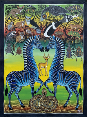 Two blue zebras facing each other surrounded by African wildlife including birds, chameleons, lemurs, beetles and a tortoise, painted in vibrant TingaTinga style on canvas