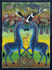 Two blue zebras facing each other surrounded by African wildlife including birds, chameleons, lemurs, beetles and a tortoise, painted in vibrant TingaTinga style on canvas