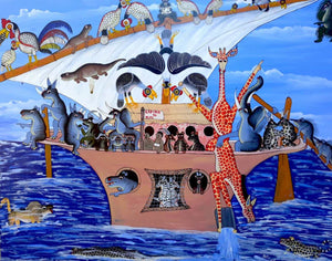 painting of animals in a boat