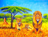 African painting of lions in the Serengeti