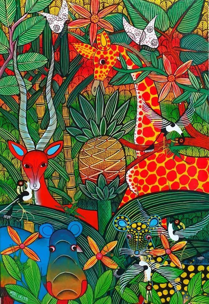 African painting of animals in the bushes