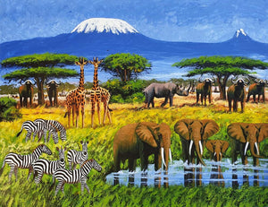 African painting of animals in the rainy season
