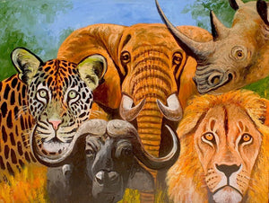 African painting of the biggest five animals in Tanzania