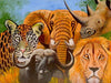 African painting of the biggest five animals in Tanzania