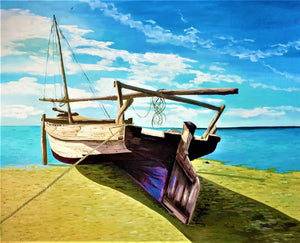 African painting of a sailboat 