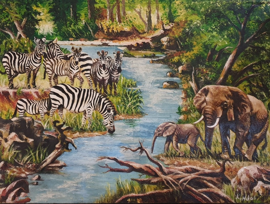 african art of animals by the river