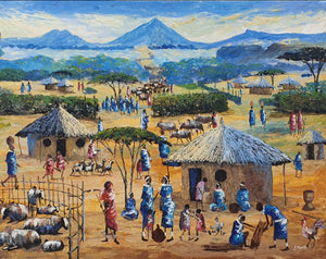 african painting of a village