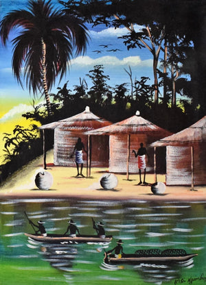 African art of huts and people for sale