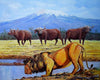 African painting of a lion near a lake