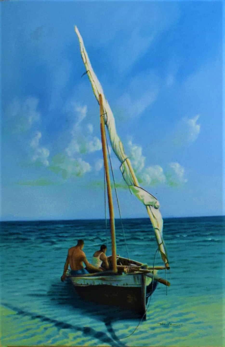 African painting of people inside a boat