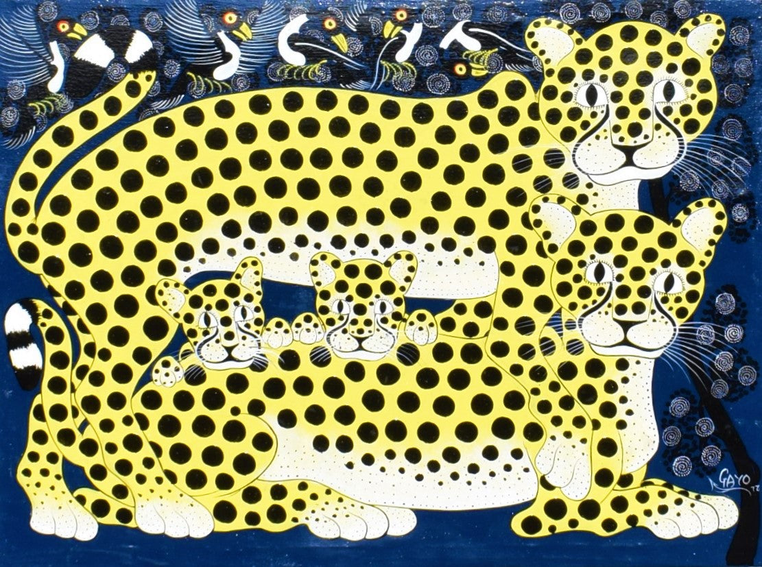 African painting of yellow leopards 