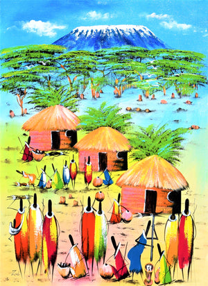 African painting of a village and people