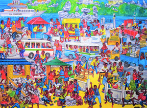 African painting of villages and houses