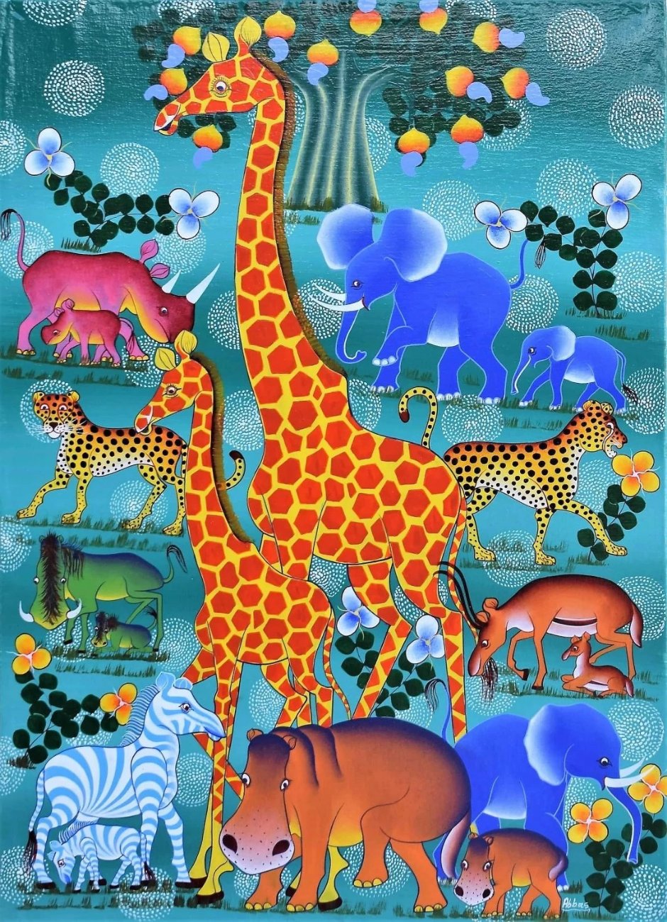 African  art of blue giraffes for sale
