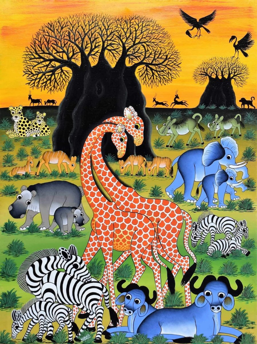 African painting of animals in the Serengeti for sale online