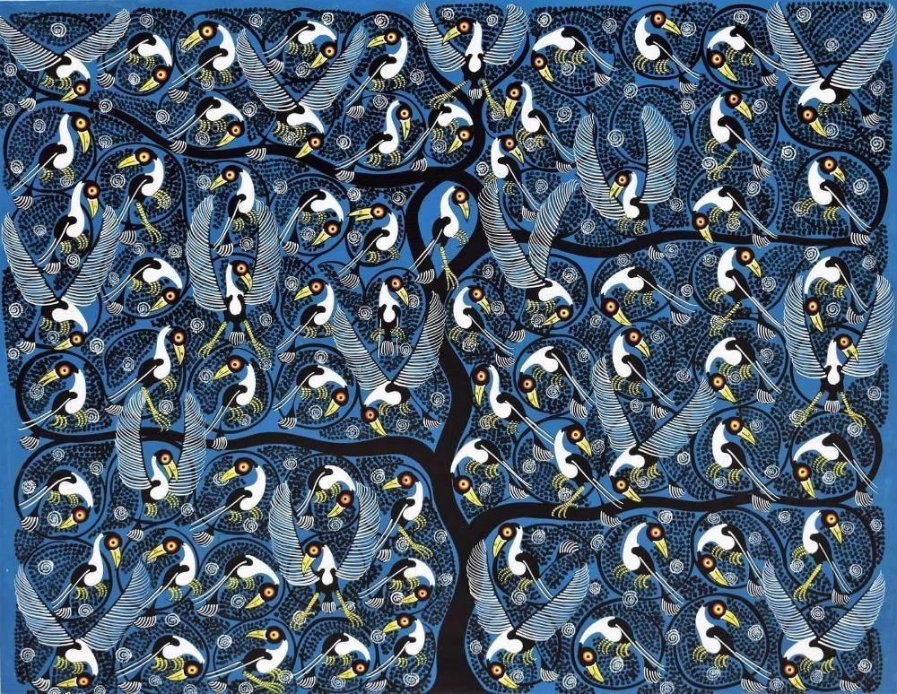 African painting of birds in a tree
