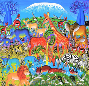 African art of animals near the Kilimanjaro