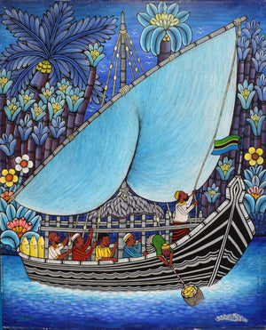 african art of a boat rocking in the sea